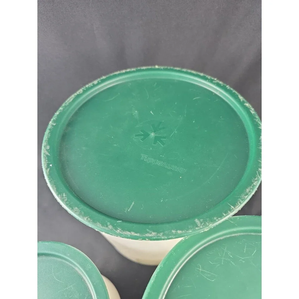 Tupperware White and Green Canister Set of 3 with Lids Cylinder Shape Nesting
